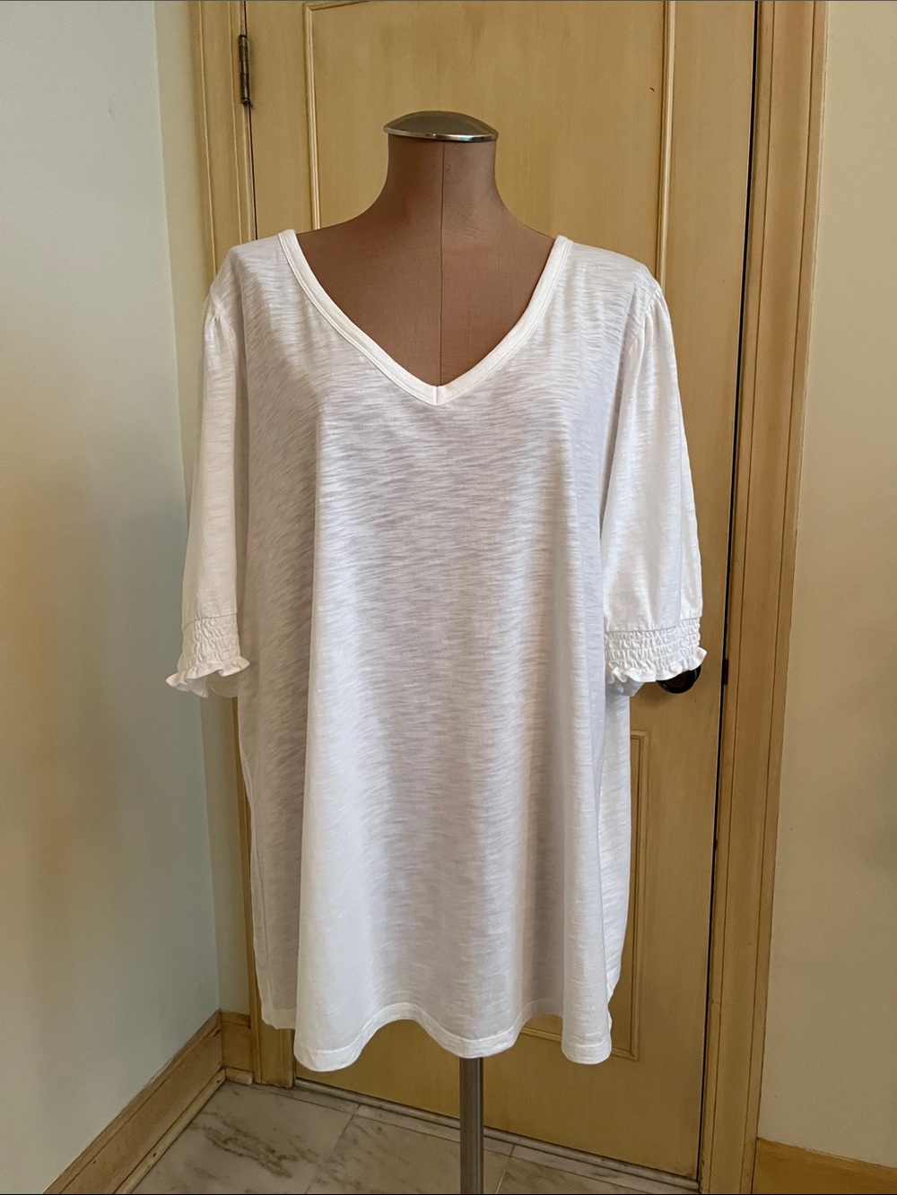 TALBOTS Cottage Coastal Boho Puff Smock Short SLV White V-Neck Women's Top 3X